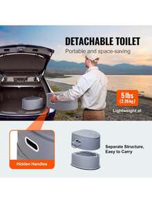 Portable Toilet For Camping With 1.3 Gal Detachable Inner Bucket & Removable Paper Holder Commode With Dual Lids Travel Toilet For Outdoor Camping Car Long Road Trips - Grey - View 2