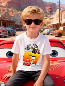 Disney Boys' T-Shirt Featuring A Creative Cartoon Print Of Lightning McQueen From Cars. Made From Soft, Comfortable, And Breathable Fabric, It's Perfect For Everyday Wear, Outings, And Activities-Making It An Ideal Gift For Kids. - White - View 2
