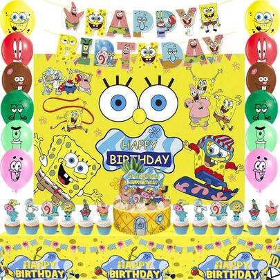 Spongebob Cartoon Themed Birthday Party Disposable Tableware Plates, Banners, Cake Decorations, Balloons