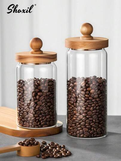 shoxil 1 pieza Recipiente de almacenamiento de café, tapa de madera Frasco de vidrio apto para granos de café/té, frasco sellado a prueba de polvo, frasco de almacenamiento de vidrio de borosilicato de alta calidad, frasco de almacenamiento de alimentos, apto para el hogar, la cocina, la oficina, la despensa, la cafetería, el estudio de repostería, la sala de té