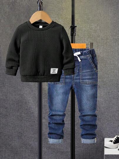 Young Boy Geometric Pattern Sweatshirt + Vintage Washed Denim Jeans 2pcs Outfit Set, Daily Wear