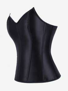 Overbust Corset Bustier, Casual Corset Top, Upright Posture, Slimming, Zipper Closure, Solid Color - Black - View 7