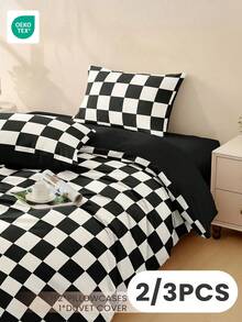 Bộ chăn ga gối in kỹ thuật số 2/3 món, thoải mái, thoáng khí, mềm mại, chống xù lông, họa tiết kẻ caro đen trắng, trang trí nhà cửa dễ thương, bao gồm 1 vỏ chăn và 1/2 vỏ gối (không bao gồm chăn bông), đạt chứng nhận Oeko-Tex, vỏ gối bằng polyester nhẹ. - Nhiều màu - Xem 9