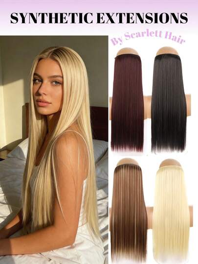 22英寸合成无夹隐形钢丝接发，直发，黑色、金色、酒红色可选，一体式假发片，自然逼真，仿鱼线设计，隐形无缝，长直发接发，适合女士派对、节日礼物、音乐节、派对发饰等场合。