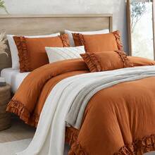 Ruffled Duvet Cover Set Pink Boho Bedding Set Pleated Ruffle Fringe Romantic Bedroom Decor Super Soft Breathable Comforter Cover Set - 鐵鏽紅色 - 查看 5