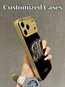 1pc Customizable Personalized Text & Gold Floral Rhinestone Letter Design Tempered Glass Phone Case, Compatible With IPhone 17 Air/16 ProMax/15 Pro/14 Plus/13 Pro/12 Pro Max/11/Xs Max/8/7/6 Plus, S24 Ultra/S25 Ultra/A12, High-End Business Custom Gift For Boyfriend, Girlfriend, Family - Gold - View 7