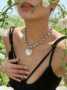 1pc Exaggerated Cute Beaded Heart Pendant Necklace, Fashion Party Accessories Valentines,Mom,Mother,Mother's Day,Gift - Hot Pink - View 5