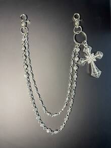 多元素交叉裤链，带龙虾扣吊坠的腰链，钱包链，复古链，双层链，嘻哈朋克风，牛仔裤链，口袋链，男士钥匙链 - 古銀色 - 查看 8