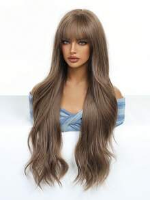 1顶女士红棕色波浪卷发假发，带刘海，26英寸长卷曲合成发，高温丝材质，玫瑰网帽，150%密度，适合日常和派对使用 - 棕色 - 查看 3