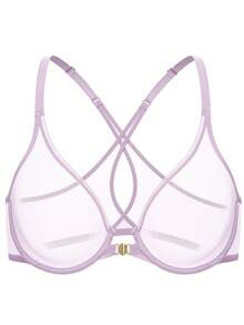 Wingslove Sutiã de renda transparente com fecho frontal e decote em V profundo, bojo 3/4 sem forro e com aro, ideal para noivas e encontros românticos, sutiã modelador para looks de festa e casamentos com decote profundo, respirável e elegante para o dia a dia. - Roxo Malva - Ver 6