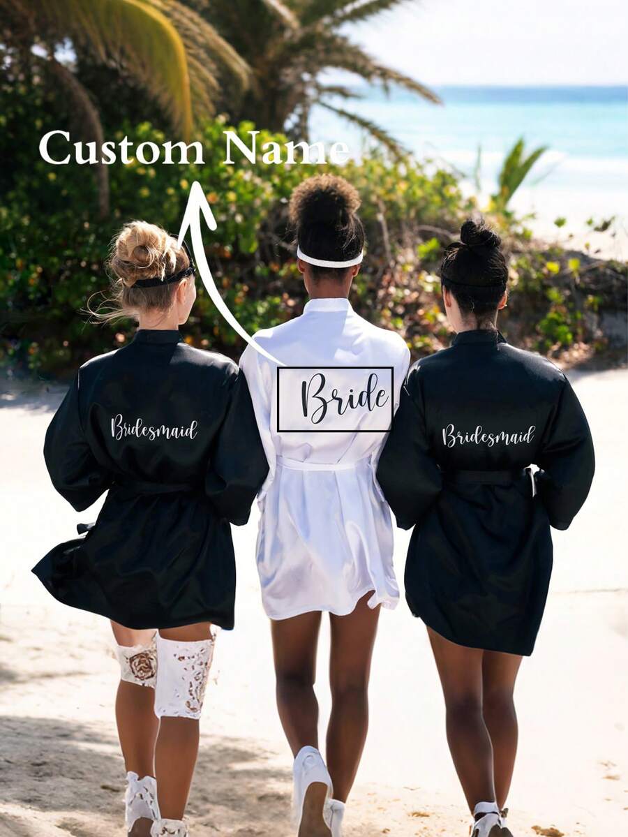 Customized Satin Bridal Robe, Half Sleeve Design, Customized Bridesmaid Bridal Robe, Personalized Satin Robe, Customized Bridal Robe, Bridesmaid Preparation Robe, Wedding Party Robe, Lace Trim Robe, Customized Name Robe, Bridal Robe Gift - Multicolor - View 1