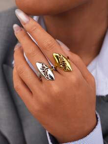 2pcs/1pc Vintage Fashion Stainless Steel 18K Gold Plated Women's Ring With Cutout Leaf Design Personalized For Everyday Wear - Multicolor - View 3