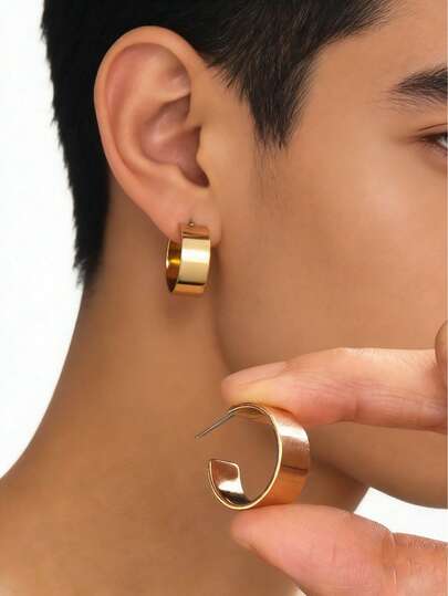 1对简约光滑金属质感C形宽圈耳环，男士适用，适合派对、节日、度假、音乐活动、情侣、聚会、约会、礼物