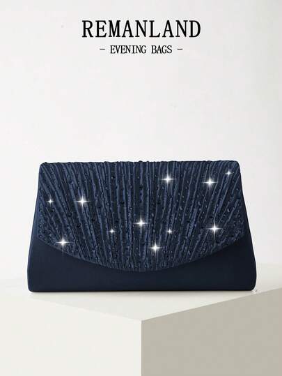 REMANLAND Mini Shiny Chain Folding Pleated Square Clutch Bag, Rhinestone Embellished Evening Bag, Perfect For Women's Ball Gowns, Party Accessories, Sequin Dresses, Shiny Dresses, Elegant Dresses, Elegant Ball Bag, Perfect For Bridesmaids, Suitable For Wedding Receptions, Parties, Weddings, Balls, Galas And Other Occasions.