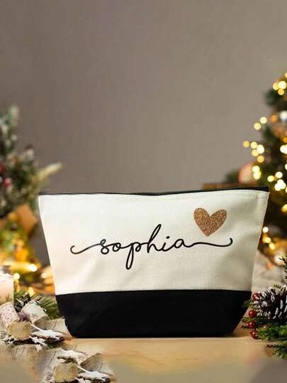 Bolsa de maquillaje de lienzo personalizada para mujeres con nombre personalizado, bolsa de regalo personalizada, bolsa de aseo, billetera de mujer, unisex, linda, regalo personalizado único para dama de honor, moda de invierno, regalo de Navidad/Día de San Valentín, bolsa de viaje, regalo ideal para familia, amigos, novia, aniversario