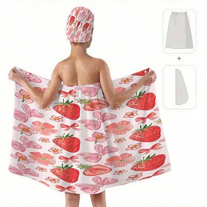 一套两件，现代粉色爱心蝴蝶结草莓印花浴袍和发巾套装，100% 涤纶，超柔软，成人家居浴袍和吹发帽，适用于浴室、桑拿、SPA 和沙龙，女士浴袍，日常装饰
