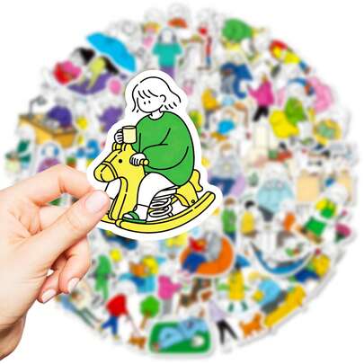 美化日常生活贴纸套装 - 56张可爱简约人物贴纸，涵盖阅读、烹饪、放松、学习等各种场景，可用于日记本、平板电脑、水瓶等，打造萌系装饰，适合浪漫人士和爱情活动策划者。返校季必备。