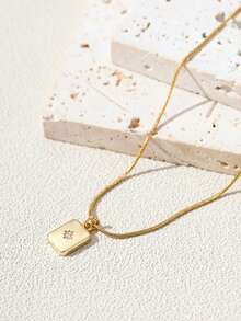 1pc Women's Pendant Necklace, Minimalist Layered Style, Stainless Steel Cubic Zirconia Rectangular Sunburst Pendant Necklace, Versatile Daily Wear & Gift Accessory - Yellow Gold - View 5