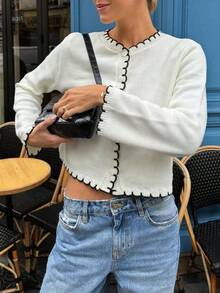 SEREN Autumn/Winter New White Single-Breasted Contrast Wave Hem Knit Sweater, Gentle, Minimalist, Elegant, Casual, Versatile, Relaxed Pullover Sweater, Women's Autumn Apparel - White - View 1