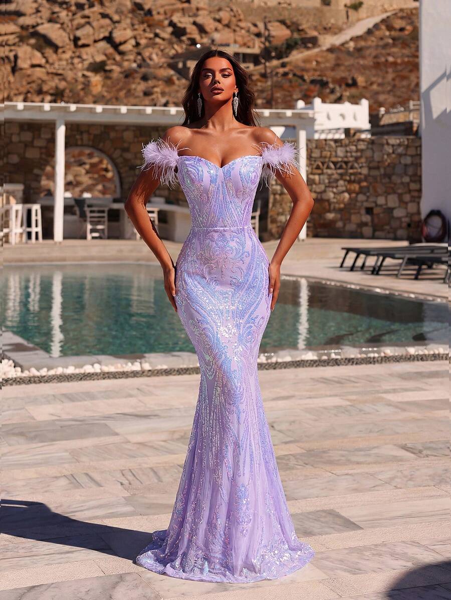 ADYCE 高领露背派对礼服，饰以人造羽毛和珠绣，短袖设计，优雅正式，适合晚宴、婚礼、毕业典礼、正式晚宴等场合，也可作为亮片复活节礼服穿着。 - 紫色 - 查看 1