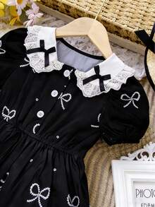 复古洛丽塔女童连衣裙，蝴蝶结印花，黑色蝴蝶结印花泡泡袖女童连衣裙，蕾丝彼得潘领腰部喇叭下摆公主裙，儿童生日派对拍照时尚连衣裙，春夏款 - 黑色 - 查看 8