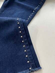 pthirillo Women's Dark Blue Flare Jeans With Butt-Lifting, High Waist, And Rhinestone Detail - Premium Rhinestone Jeans - Spike On the Side - View 4