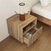 Handleless Bedside Table With Open Compartment, Drawer, And Wall Mounting Hardware, Light Brown - Natural Wood Color - View 5