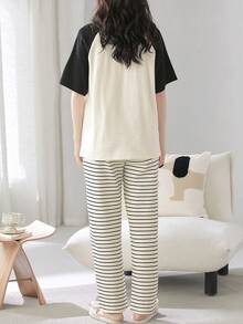 2pcs Women's Pajama Set, Breathable Round Neck Short Sleeve Pants, Cartoon Homewear, Summer - Apricot - View 2