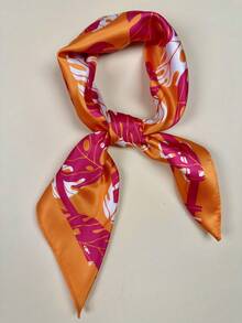 1 chiếc khăn choàng cổ bằng satin in họa tiết lá nhiệt đới thanh lịch dành cho nữ, có thể dùng làm khăn quàng cổ hoặc khăn trùm đầu. - Màu Cam cháy - Xem 5