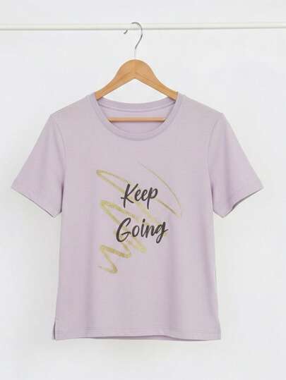 Blusa Manga Curta Feminina  Algodão    Casual para o uso   Diário  Férias  Casa    Moda Verão Estampado "keep Going