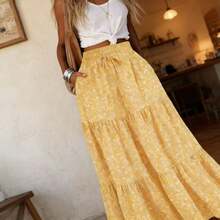 Váy hè xếp tầng họa tiết hoa dành cho nữ cỡ lớn, cạp chun, kiểu dáng đi nghỉ mát. - Màu vàng - Xem 3