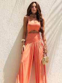 Wide-Leg Jumpsuit In Fluity Fabric With Double Lining And Fashionable Cutout. - Aperol Orange - View 5