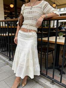 Women's Casual Elegant Versatile Streetwear Commute Vacation Picnic V-Neck Short Sleeve Hollow Drawstring Bow Tie Waist Cropped Sweater In Beige - Beige - View 2