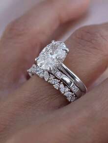 Bộ 3 chiếc nhẫn bạc Sterling S925 cao cấp, sang trọng, hình oval đính đá Cubic Zirconia, thích hợp làm quà tặng cho nữ nhân dịp đính hôn, cưới, dự tiệc, đeo hàng ngày, kỷ niệm, lễ hội, mùa cưới. - Bạc - Xem 1