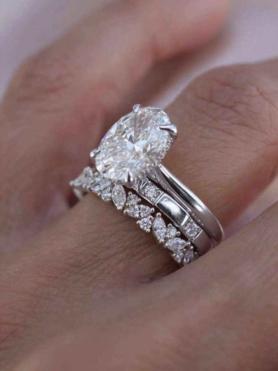Bộ 3 chiếc nhẫn bạc Sterling S925 cao cấp, sang trọng, hình oval đính đá Cubic Zirconia, thích hợp làm quà tặng cho nữ nhân dịp đính hôn, cưới, dự tiệc, đeo hàng ngày, kỷ niệm, lễ hội, mùa cưới. - Bạc - Xem 1