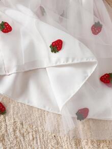 1pc Girls Casual Solid Color Soft Comfortable Jacquard Fabric Strawberry Pattern Mesh Puff Sleeve Mid-Length Dress, Suitable For Outdoor Wear, Spring/Summer - Multicolor - View 8