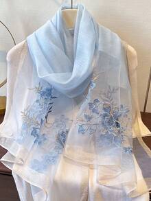 1pc Women Floral Golden Thread Embroidery Shawl, Breathable Windproof Design, Elegant Decorative Scarf For Summer Travel Sun Protection, Autumn/Winter Gift For Mom, Suitable For Dress, Cheongsam - Baby Blue - View 5