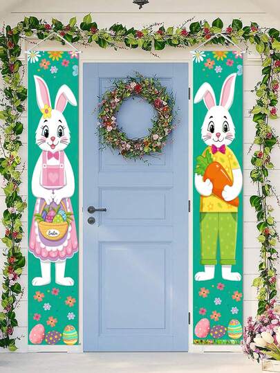 2pcs Easter Door Curtain Set, Adorable Rabbit And Colorful Egg Pattern, Suitable For Spring Porch Decor, Easter Holiday Hanging Decor, Gardening Decor, Easter Party Decor, Indoor/Outdoor Wall And Door Decor, Birthday Party Decor, Party Backdrop Decor, Holiday Decoration