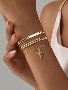 Tkool 3pcs/Set Classic Safety Pin, Paper Clip, Cross Mixed Design Bracelet Set For Women - Yellow Gold - View 2