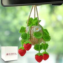 Crochet Hanging Plant For Car,Car Decorations Interior,Plant Aesthetic Car Accessories For Women Interior Cute,Car Ornaments Charms For Rear View Mirror,Boho Car Decoration Gifts - 薄荷綠葉草莓 - 查看 8