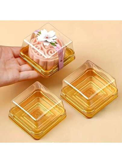 25個入り 透明正方形ケーキボックス、ゴールドデザートボックス、ベーキングギフトボックス、ペストリー、ムーンケーキ、チョコレート、クッキー、誕生日やウェディングパーティーに最適、再利用可能なPP素材製、ホリデーギフトに最適な選択肢。