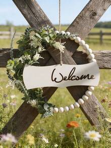 1pc Wooden Bead Wreath, Artificial Green Plant Flower Entrance Hanging Decor, Boho Style Wall Art, Suitable For Entryway, Living Room, Home Decor, Party And Daily Use - Multicolor - View 7