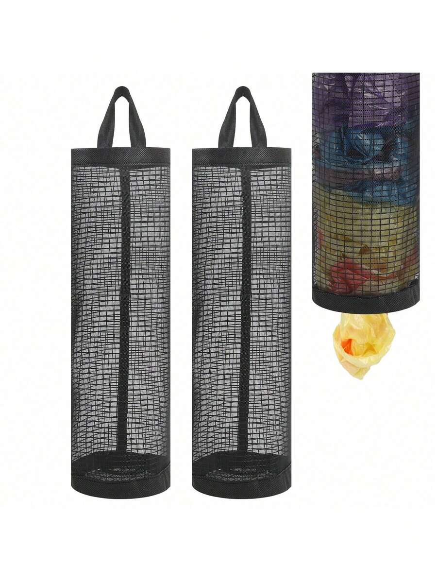 2-Pack Hanging Plastic Bag Holder Organizer - Mesh Design Grocery Bag Dispenser, Space-Saving Storage For Shopping Bags & Trash Bags In Home Kitchen - Black - View 1