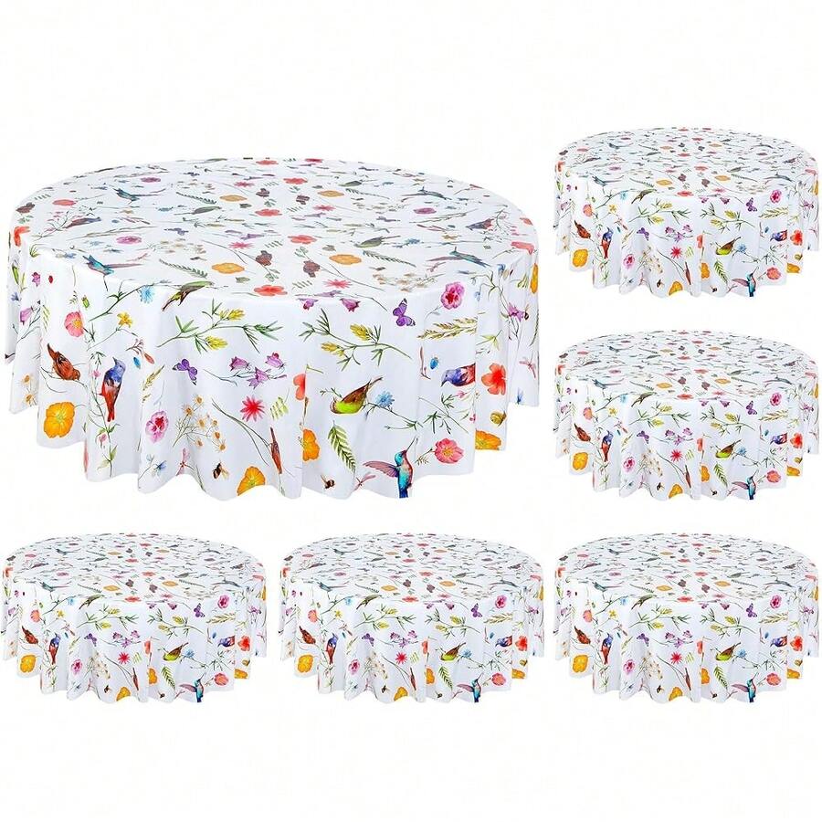 6 Pcs Round Plastic Tablecloth 70inch Watercolor Flower Table Cloth Decorative Disposable Outdoor Floral Table Cover Disposable Summer Tabletop For Party Picnic (Flower And Bird,Fresh Color) - 66Bunga dan Burung - View 1