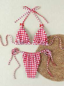 New Red & White Plaid Halter Tie Sexy Bikini Swimsuit Set, Beach Holiday Party Wear, Spring/Summer - Multicolor - View 3