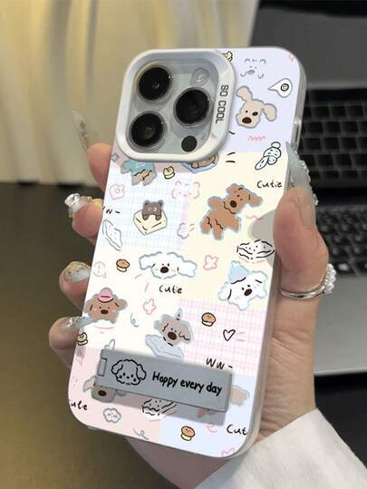1pc Multi-Color Cute Cartoon Dog Soda Cracker Design Full Coverage Protective Phone Case With Metal Stand, Suitable For IPhone 11/12/13/14/15/16/17/Pro Max