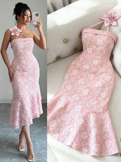 Vestido de verano de mujer de longitud media, con un hombro, volantes y estampado floral rosa, adecuado para citas, fiestas de cóctel, vacaciones, salidas a la playa y uso diario elegante