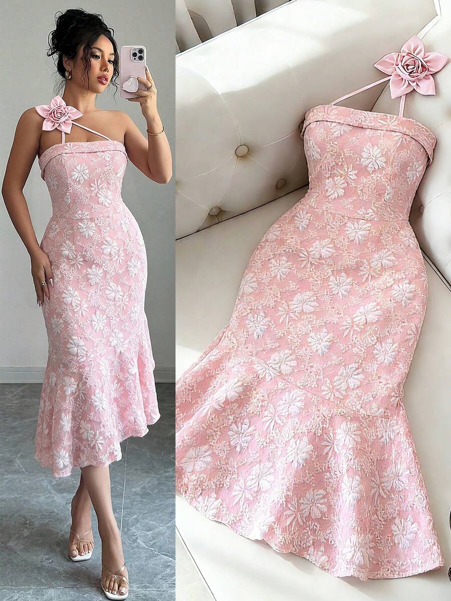 女士夏季粉色碎花单肩荷叶边修身中长连衣裙，适合约会、鸡尾酒会、度假、海滩郊游和日常穿着等各种场合。