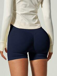 UONNOU 1pc Women's Casual Sports Shaping Shorts, Peach Butt Lifting Cinched Waist High Elastic Seamless Yoga Shorts, Spring/Summer Style - Navy Blue - View 5