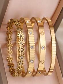 Set de 4/1 pulsera de lujo con incrustaciones de flores y rhinestones dorados, diseño exclusivo de pulsera apilable, joyería de uso diario de acero inoxidable - Amarillo Oro - Ver 15